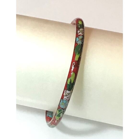 Vintage Cloisonné Bangle Bracelet 7.5" Red Silver Blue Pink Green Ladies Jewelry - Picture 1 of 3
